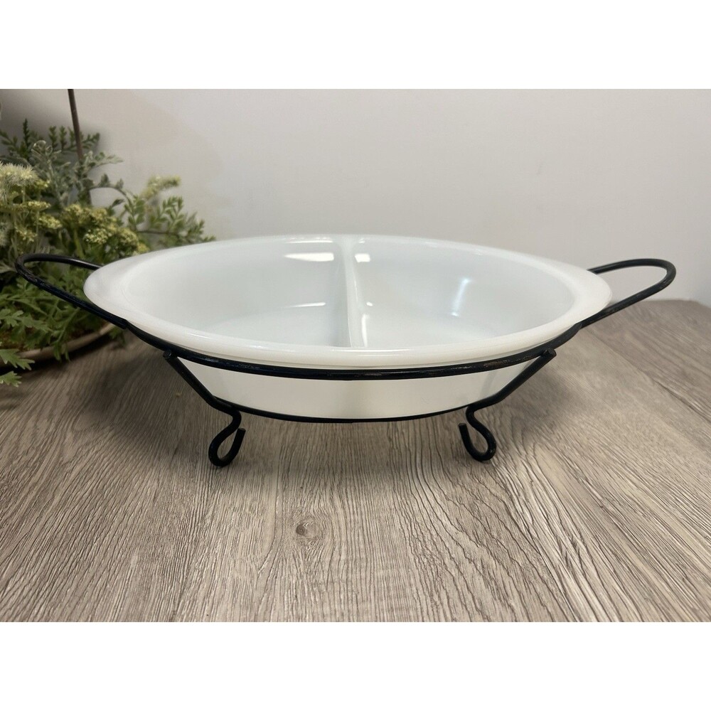 Vintage Glasbake J-239 Divided Casserole Dish With Black Metal Serving Stand